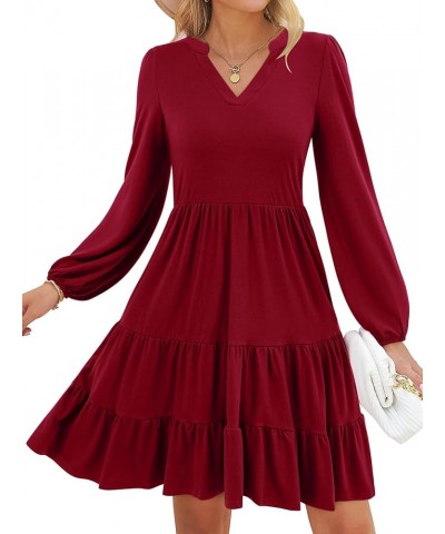 Women's 2023 Casual Fall Dress Long Sleeve V Neck Knee Length Flowy Tiered Cute Babydoll Dresses with Pockets Wine Red $25.19...