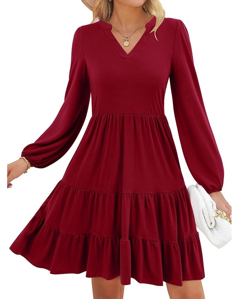 Women's 2023 Casual Fall Dress Long Sleeve V Neck Knee Length Flowy Tiered Cute Babydoll Dresses with Pockets Wine Red $25.19...