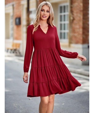 Women's 2023 Casual Fall Dress Long Sleeve V Neck Knee Length Flowy Tiered Cute Babydoll Dresses with Pockets Wine Red $25.19...