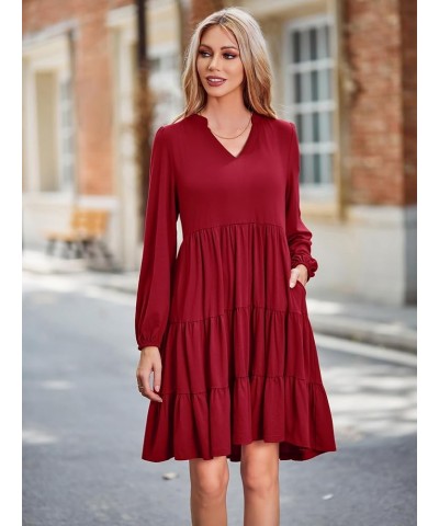 Women's 2023 Casual Fall Dress Long Sleeve V Neck Knee Length Flowy Tiered Cute Babydoll Dresses with Pockets Wine Red $25.19...