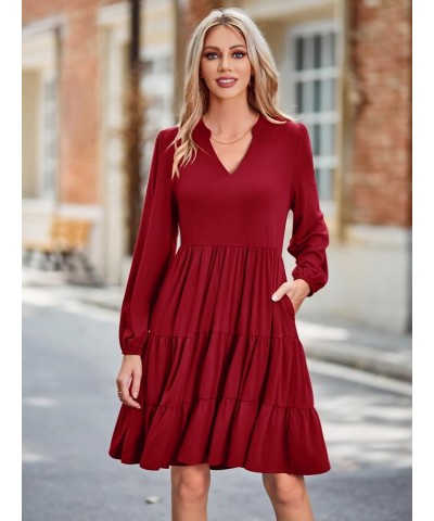 Women's 2023 Casual Fall Dress Long Sleeve V Neck Knee Length Flowy Tiered Cute Babydoll Dresses with Pockets Wine Red $25.19...