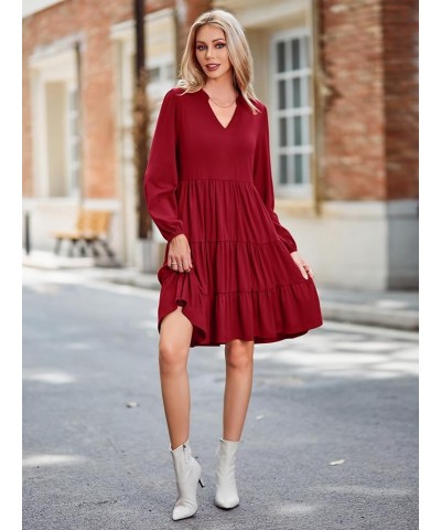 Women's 2023 Casual Fall Dress Long Sleeve V Neck Knee Length Flowy Tiered Cute Babydoll Dresses with Pockets Wine Red $25.19...