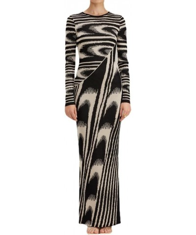 Autumn Winter Chic Abstract Knitted Long Dress Women O-Neck Long Sleeve Stretchable Slim Maxi Dresses Black $27.38 Dresses