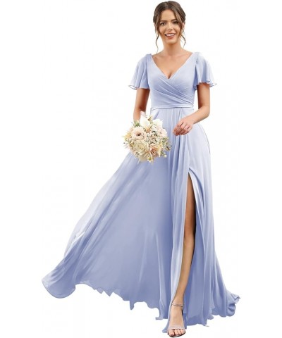 Women's V Neck Short Sleeve Bridesmaid Dresses Long Pleats Chiffon High Slit Formal Dress with Pockets DI001 Lavender $25.30 ...