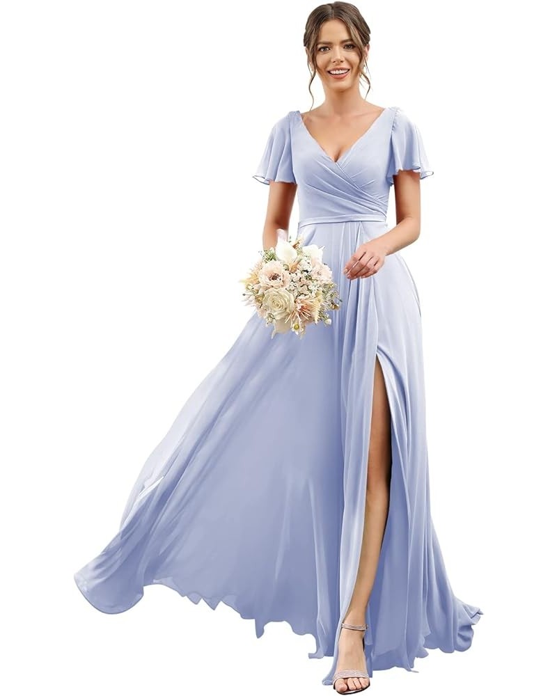 Women's V Neck Short Sleeve Bridesmaid Dresses Long Pleats Chiffon High Slit Formal Dress with Pockets DI001 Lavender $25.30 ...