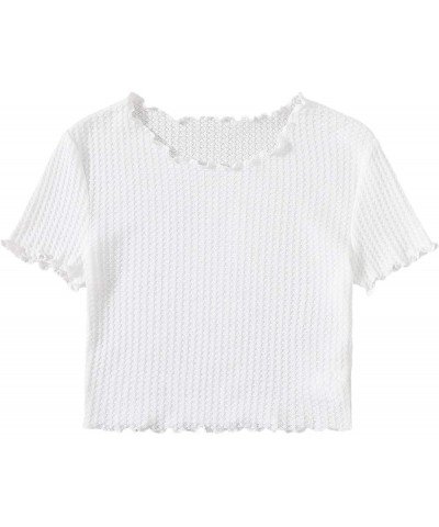 Women's Solid Lettuce Trim Rib Knit Short Sleeve Crop Tops Tee Shirts White $12.50 T-Shirts