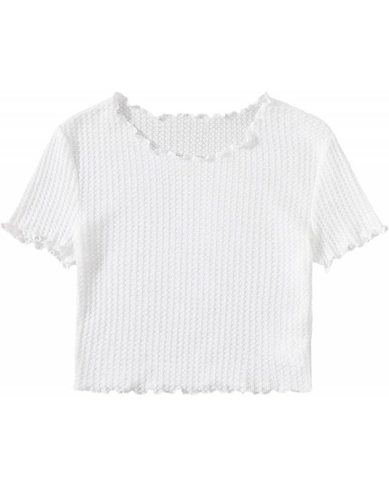 Women's Solid Lettuce Trim Rib Knit Short Sleeve Crop Tops Tee Shirts White $12.50 T-Shirts