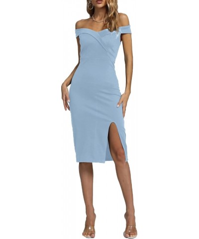 Women's Off Shoulder Split Slit Short Sleeve Zipper Bodycon Cocktail Midi Dress Light Blue $25.75 Dresses