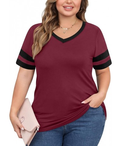 Womens Summer Casual Plus Size Tunic Tops Short Sleeve Tee Tshirt Color Block Blouse for Leggings V Neck V Neck Wine Red $10....