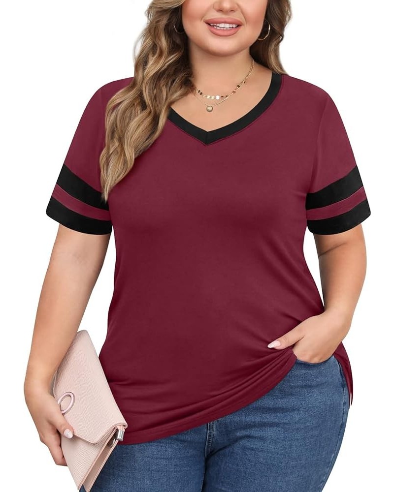 Womens Summer Casual Plus Size Tunic Tops Short Sleeve Tee Tshirt Color Block Blouse for Leggings V Neck V Neck Wine Red $10....