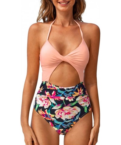 Women's One Piece Swimsuit Twist Cutout Front Crisscross Lace Up Back Peach $16.45 Swimsuits