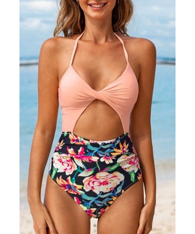 Women's One Piece Swimsuit Twist Cutout Front Crisscross Lace Up Back Peach $16.45 Swimsuits