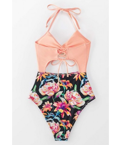 Women's One Piece Swimsuit Twist Cutout Front Crisscross Lace Up Back Peach $16.45 Swimsuits