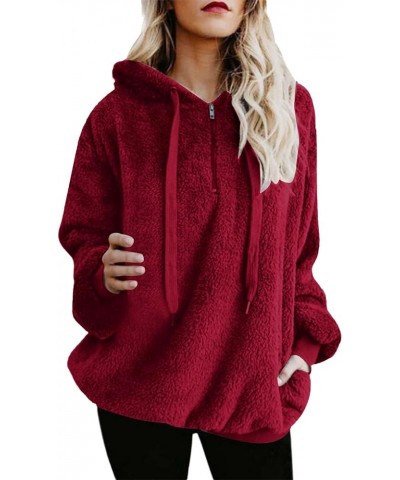 Quarter Zip Pullover Hooded Womens Warm Fuzzy Fleece Sherpa Sweatshirt Winter Oversized Casual Drawstring Hoodie Tops Wine $5...