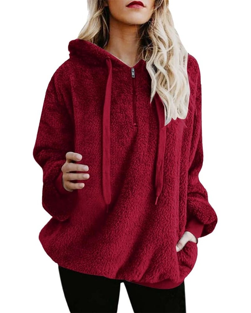 Quarter Zip Pullover Hooded Womens Warm Fuzzy Fleece Sherpa Sweatshirt Winter Oversized Casual Drawstring Hoodie Tops Wine $5...