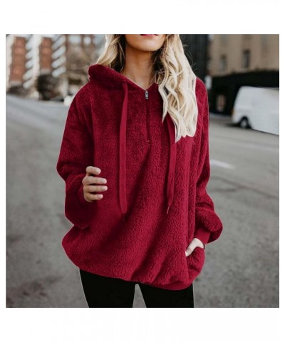 Quarter Zip Pullover Hooded Womens Warm Fuzzy Fleece Sherpa Sweatshirt Winter Oversized Casual Drawstring Hoodie Tops Wine $5...