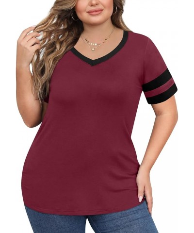 Womens Summer Casual Plus Size Tunic Tops Short Sleeve Tee Tshirt Color Block Blouse for Leggings V Neck V Neck Wine Red $10....