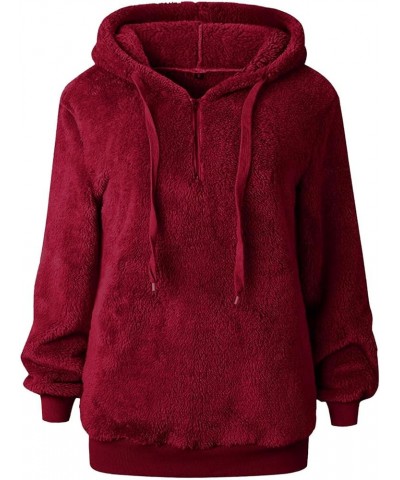 Quarter Zip Pullover Hooded Womens Warm Fuzzy Fleece Sherpa Sweatshirt Winter Oversized Casual Drawstring Hoodie Tops Wine $5...