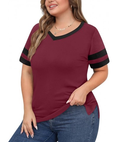 Womens Summer Casual Plus Size Tunic Tops Short Sleeve Tee Tshirt Color Block Blouse for Leggings V Neck V Neck Wine Red $10....