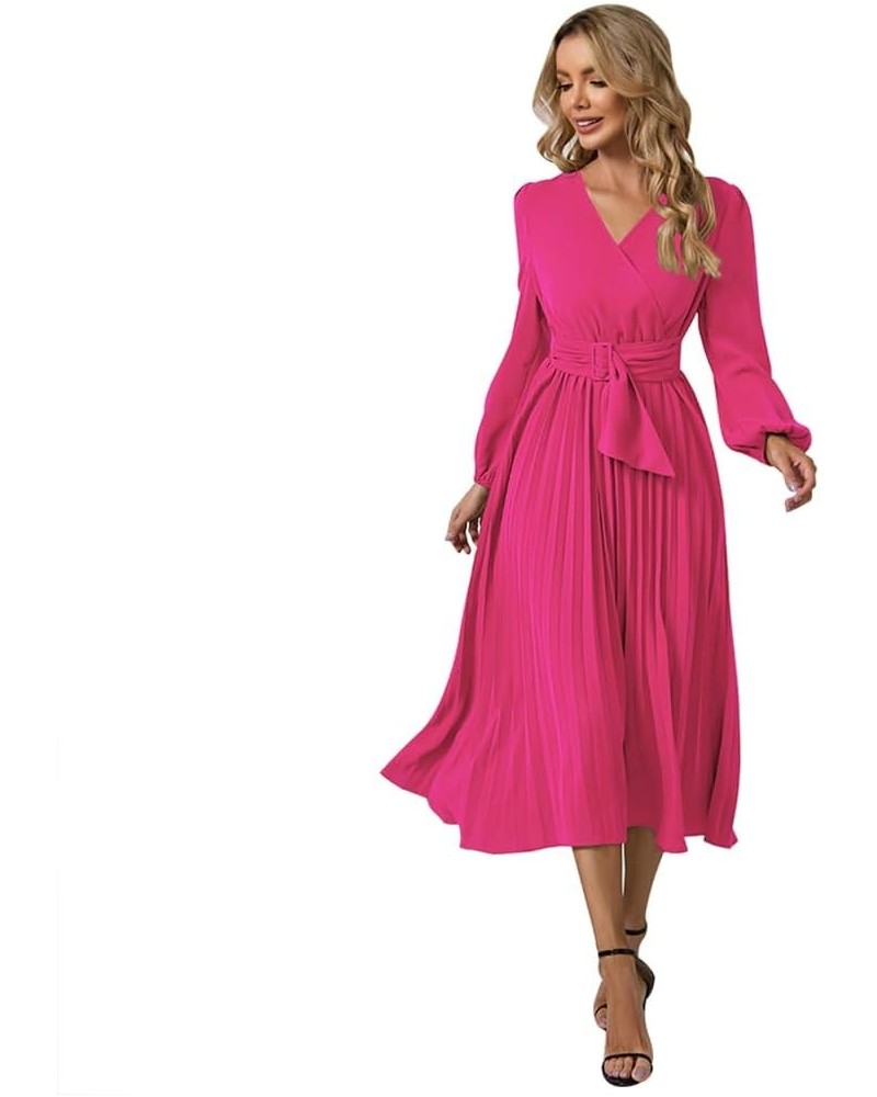 Women's Pleated A-line Dress Casual Maxi Dress Long Sleeve V Neck Party Wedding Guest Long Dresses Hot Pink- Belt $20.68 Acti...