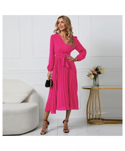 Women's Pleated A-line Dress Casual Maxi Dress Long Sleeve V Neck Party Wedding Guest Long Dresses Hot Pink- Belt $20.68 Acti...