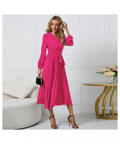 Women's Pleated A-line Dress Casual Maxi Dress Long Sleeve V Neck Party Wedding Guest Long Dresses Hot Pink- Belt $20.68 Acti...