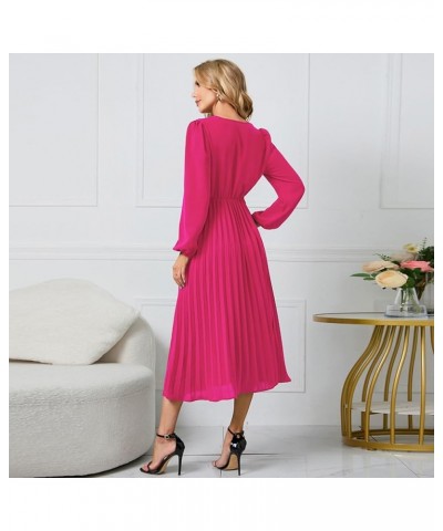 Women's Pleated A-line Dress Casual Maxi Dress Long Sleeve V Neck Party Wedding Guest Long Dresses Hot Pink- Belt $20.68 Acti...