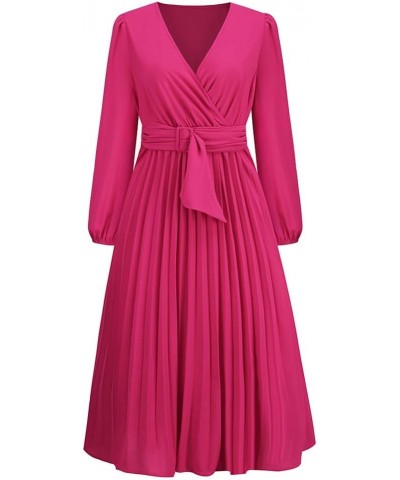 Women's Pleated A-line Dress Casual Maxi Dress Long Sleeve V Neck Party Wedding Guest Long Dresses Hot Pink- Belt $20.68 Acti...