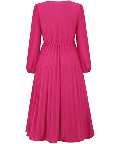 Women's Pleated A-line Dress Casual Maxi Dress Long Sleeve V Neck Party Wedding Guest Long Dresses Hot Pink- Belt $20.68 Acti...