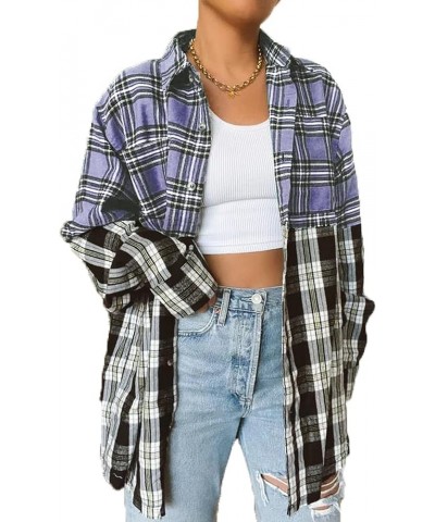 Women's Plaid Color Block Oversized Button Down Shirts Long Sleeve Patchwork Lightweight Spring Shirts 2023 Shacket Blue&blac...