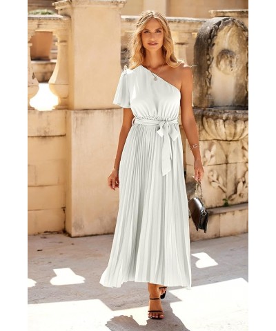 Women One Shoulder Pleated Maxi Dress Summer Floral Boho Dress Short Sleeve Tie Waist A Line Party Flowy Long Dress Solid Whi...