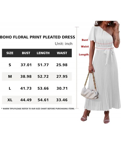 Women One Shoulder Pleated Maxi Dress Summer Floral Boho Dress Short Sleeve Tie Waist A Line Party Flowy Long Dress Solid Whi...