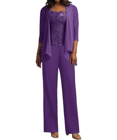 Women's 3 Pieces Mother of The Bride Pant Suits Chiffon Outfit Wedding Guest Groom Formal Evening Party Gowns Jumpsuit Purple...