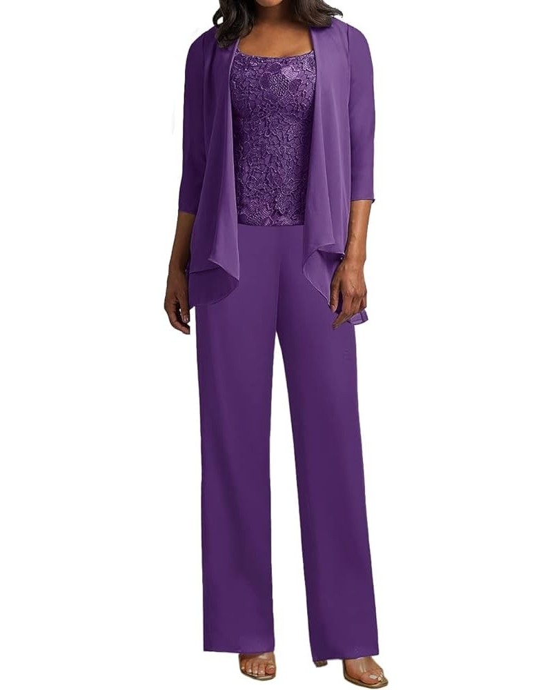 Women's 3 Pieces Mother of The Bride Pant Suits Chiffon Outfit Wedding Guest Groom Formal Evening Party Gowns Jumpsuit Purple...