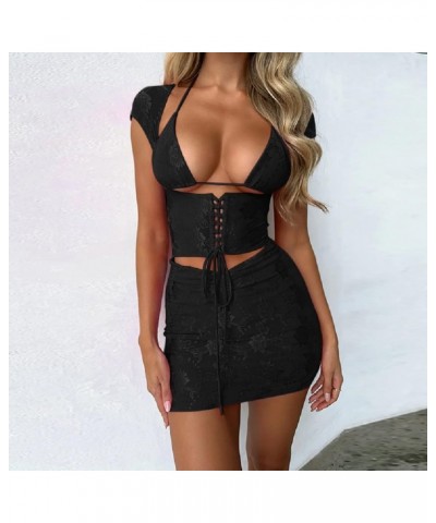 2 Piece Outfits for Women Y2K Hollow Out Skirt Set Sheer Mesh Crop Top Bodycon Mini Skirt Summer Beach Party Sets Low Cut Cor...