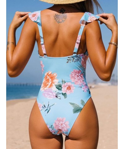 One Piece Swimsuit for Women Floral Print V Neck Ruffle Low Back Adjustable Straps Multicolor $12.98 Swimsuits