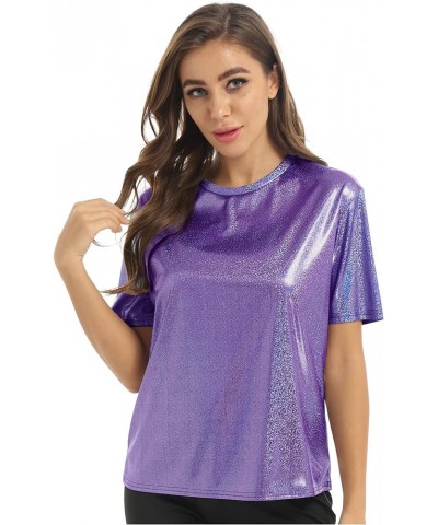 Women's Short Sleeve Shiny Glitter Metallic T Shirt Tank Tops Holographic Rave Festival Party Blouse Metallic,purple $5.96 Tanks