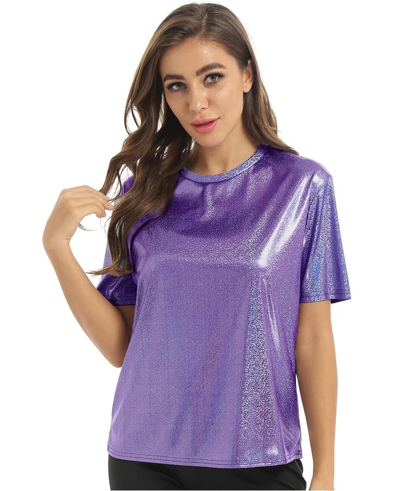 Women's Short Sleeve Shiny Glitter Metallic T Shirt Tank Tops Holographic Rave Festival Party Blouse Metallic,purple $5.96 Tanks