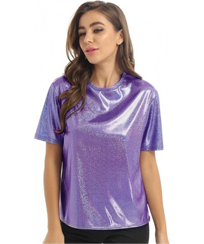 Women's Short Sleeve Shiny Glitter Metallic T Shirt Tank Tops Holographic Rave Festival Party Blouse Metallic,purple $5.96 Tanks