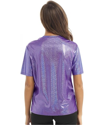 Women's Short Sleeve Shiny Glitter Metallic T Shirt Tank Tops Holographic Rave Festival Party Blouse Metallic,purple $5.96 Tanks