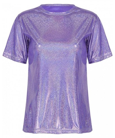 Women's Short Sleeve Shiny Glitter Metallic T Shirt Tank Tops Holographic Rave Festival Party Blouse Metallic,purple $5.96 Tanks