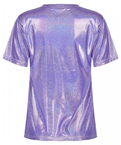 Women's Short Sleeve Shiny Glitter Metallic T Shirt Tank Tops Holographic Rave Festival Party Blouse Metallic,purple $5.96 Tanks