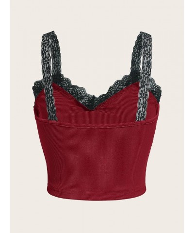 Women's Floral Print Contrast Lace Cami Top Spaghetti Strap Sleeveless Cami Tank Crop Tops Burgundy $12.47 Tanks