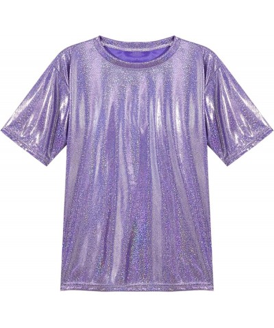 Women's Short Sleeve Shiny Glitter Metallic T Shirt Tank Tops Holographic Rave Festival Party Blouse Metallic,purple $5.96 Tanks