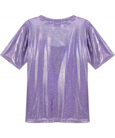 Women's Short Sleeve Shiny Glitter Metallic T Shirt Tank Tops Holographic Rave Festival Party Blouse Metallic,purple $5.96 Tanks