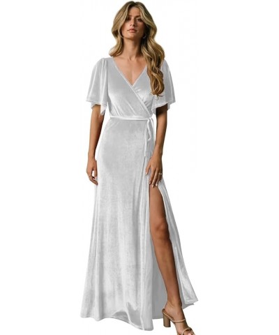 Long Velvet Bridesmaid Dresses V Neck Flutter Sleeve Formal Evening Gowns with Slit Short Sleeve-white $29.44 Dresses