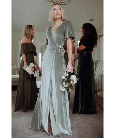 Long Velvet Bridesmaid Dresses V Neck Flutter Sleeve Formal Evening Gowns with Slit Short Sleeve-white $29.44 Dresses