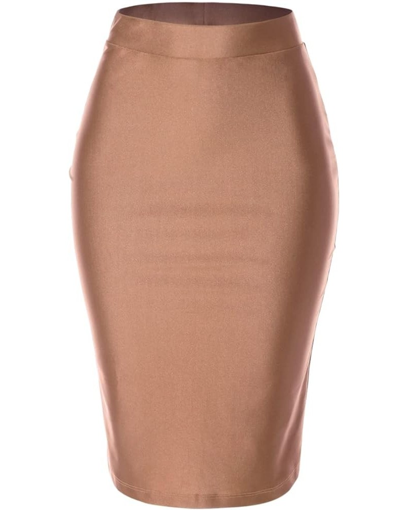 Women's Classic Bodycon Below Knee Office Slim Fit Stretch Midi Pencil Skirt Satin Coco Brown $9.43 Skirts