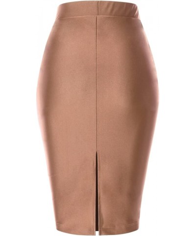 Women's Classic Bodycon Below Knee Office Slim Fit Stretch Midi Pencil Skirt Satin Coco Brown $9.43 Skirts