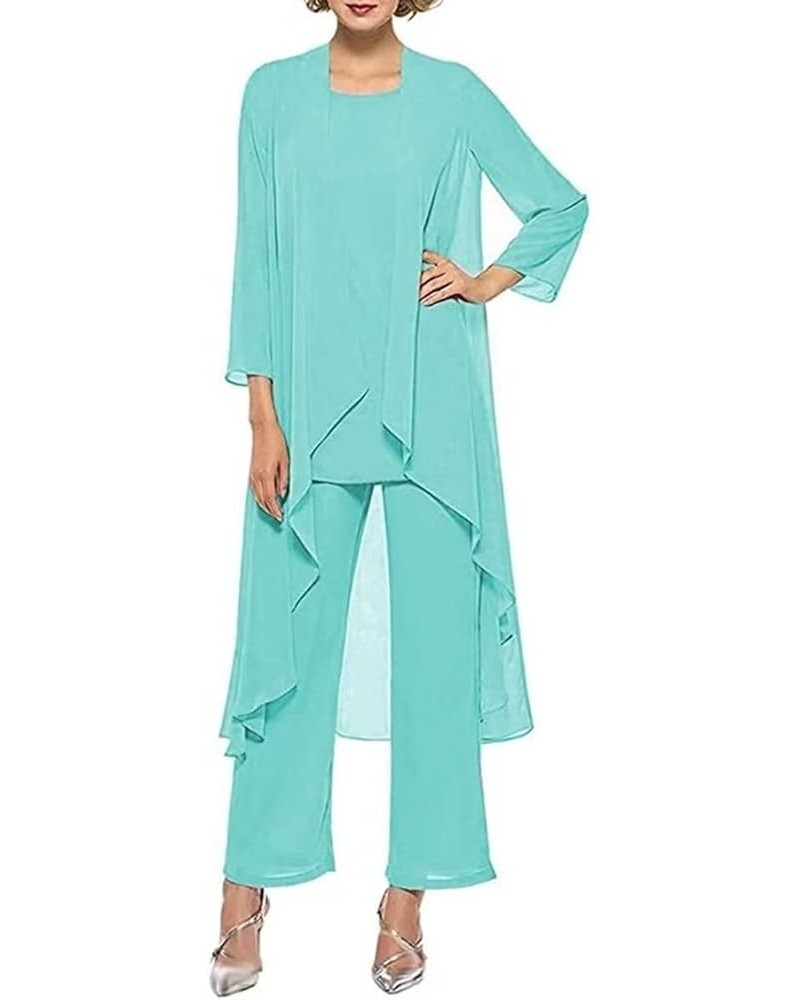 3 PCS Mother of The Bride Dresses Pant Suits for Women Long Sleeve Chiffon Formal Gowns for Wedding Turquoise $20.35 Suits